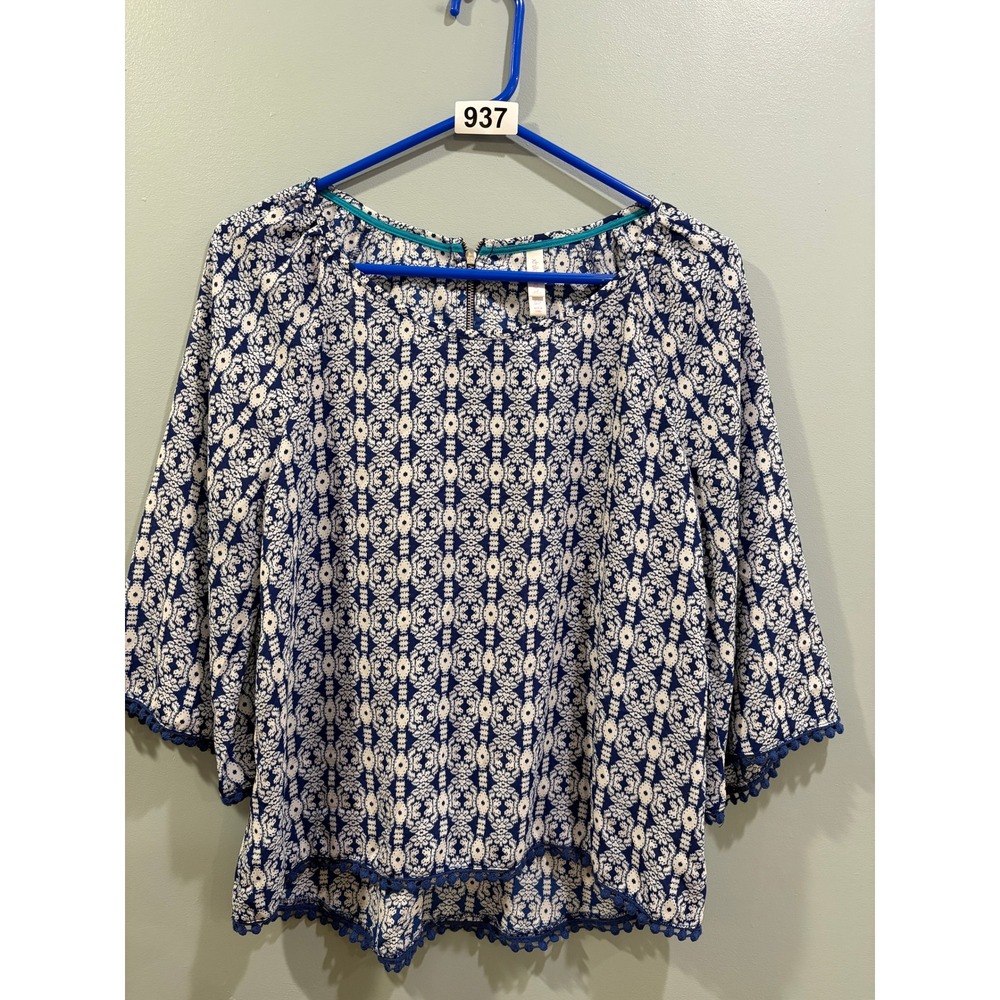 Xhilaration Blue White Geometric Medallion Pom Pom Trim Blouse Small 3/4 Sleeve